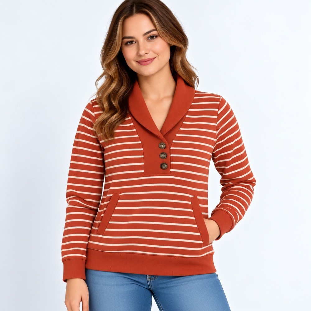 Banana Republic Sweatshirt Women L Orange White Striped Shawl Collar Pullover‎